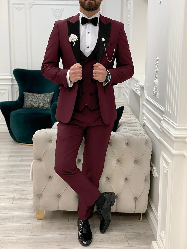 Men's Tailored Fit Single Breasted One-button 3 Pieces Solid Colored Wedding Suits - Image 2
