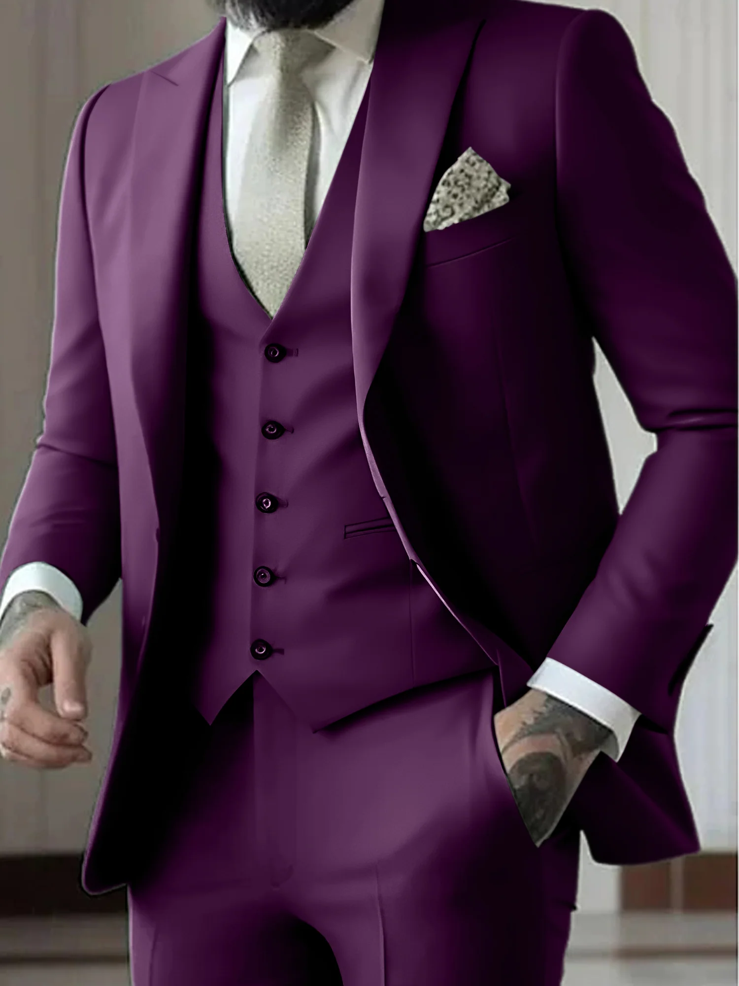 Men's Tailored Fit Single Breasted One-button 3 Pieces Wedding Suits - Image 13