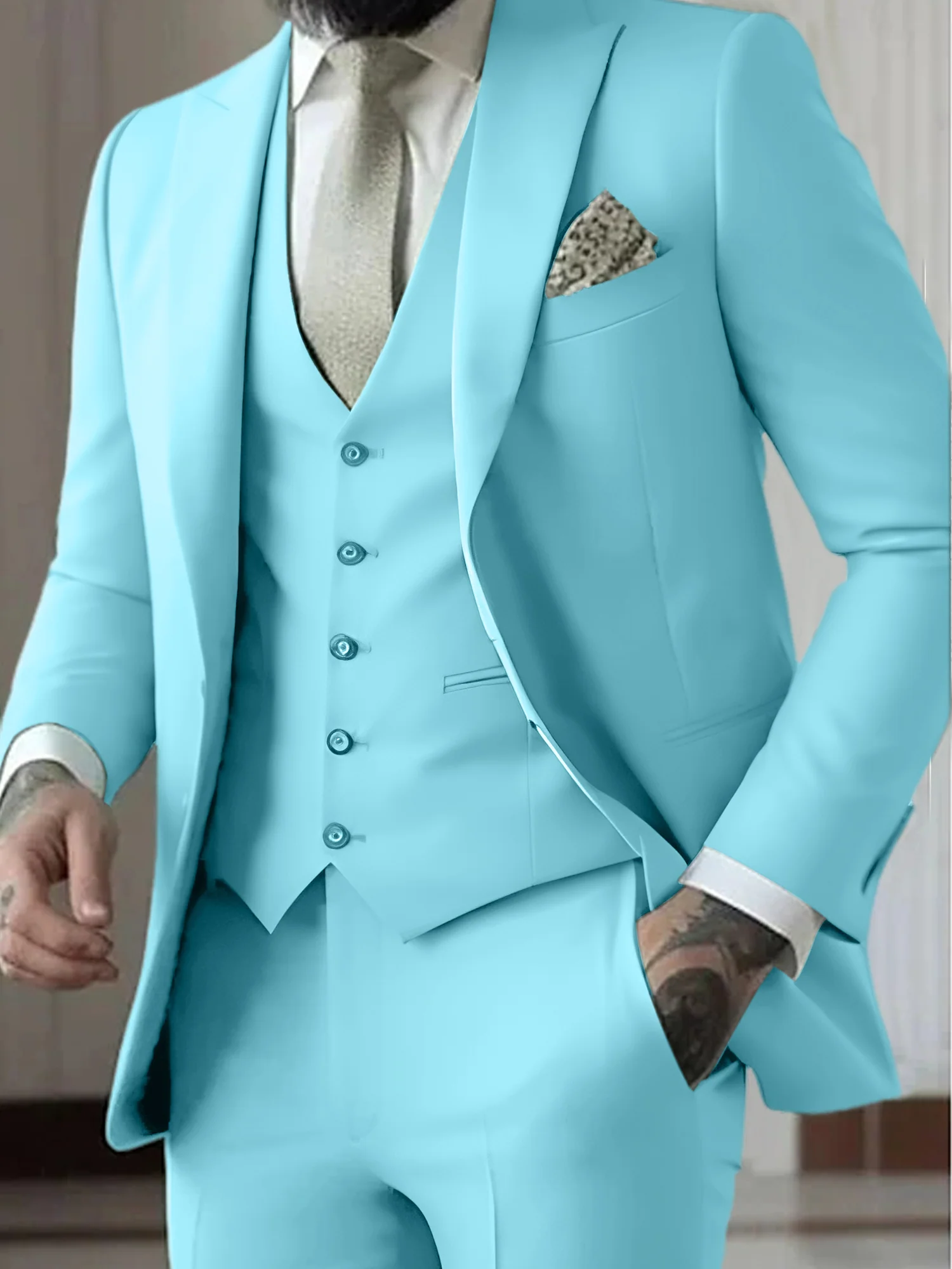 Men's Tailored Fit Single Breasted One-button 3 Pieces Wedding Suits - Image 16