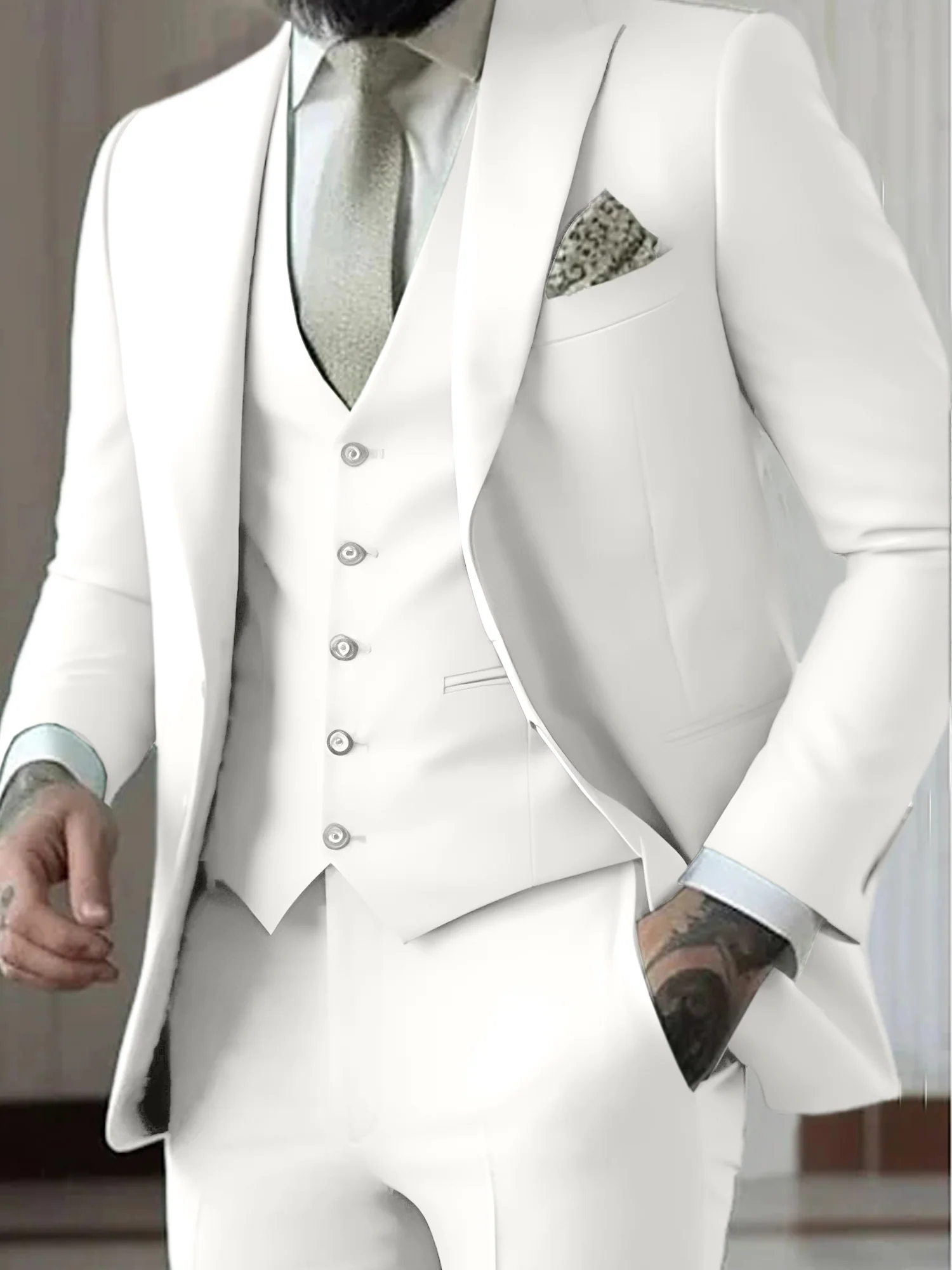 Men's Tailored Fit Single Breasted One-button 3 Pieces Wedding Suits - Image 17