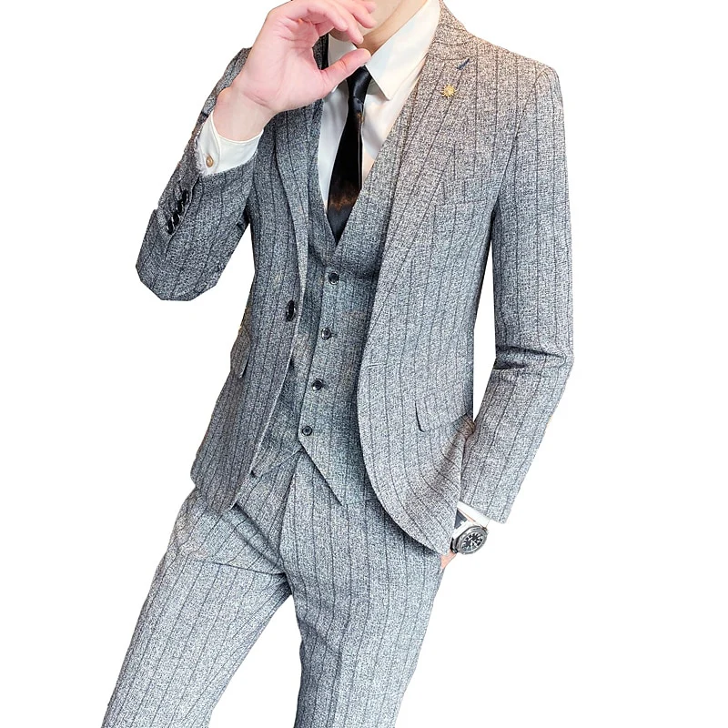 Men's Tailored Fit Single Breasted One-button 3 Pieces Black Ivory Wedding Suits - Image 3