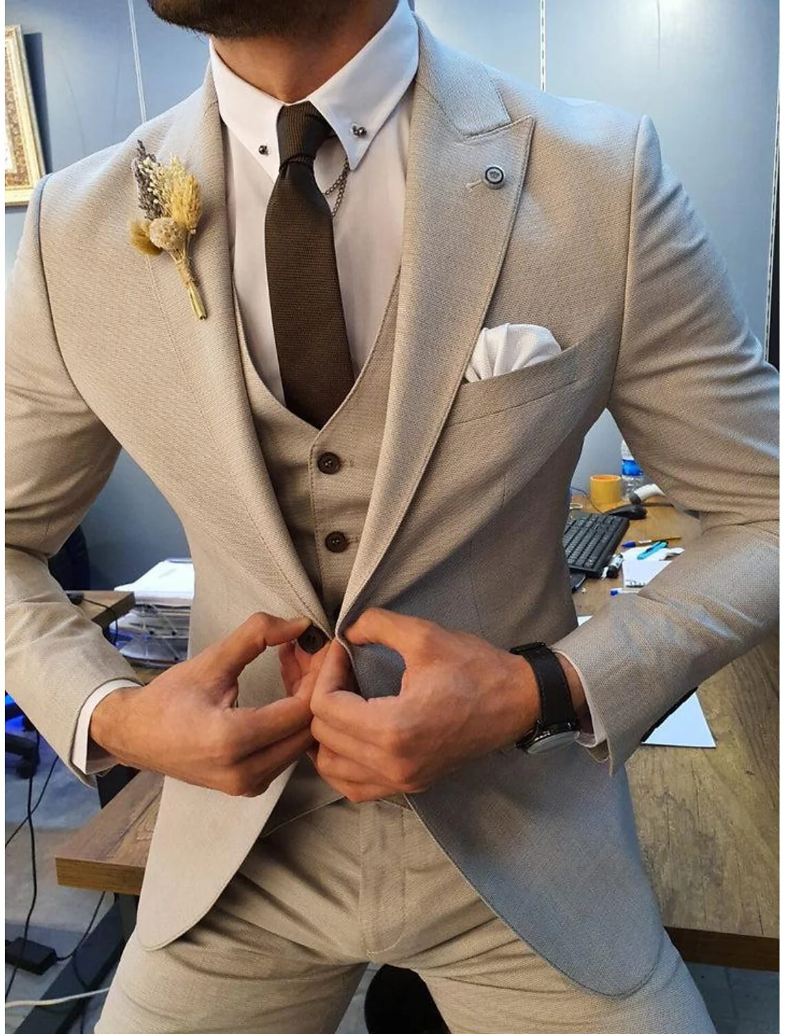 Men's Tailored Fit Single Breasted One-buttons 3 Pieces Business Formal Wedding Suits - Image 2