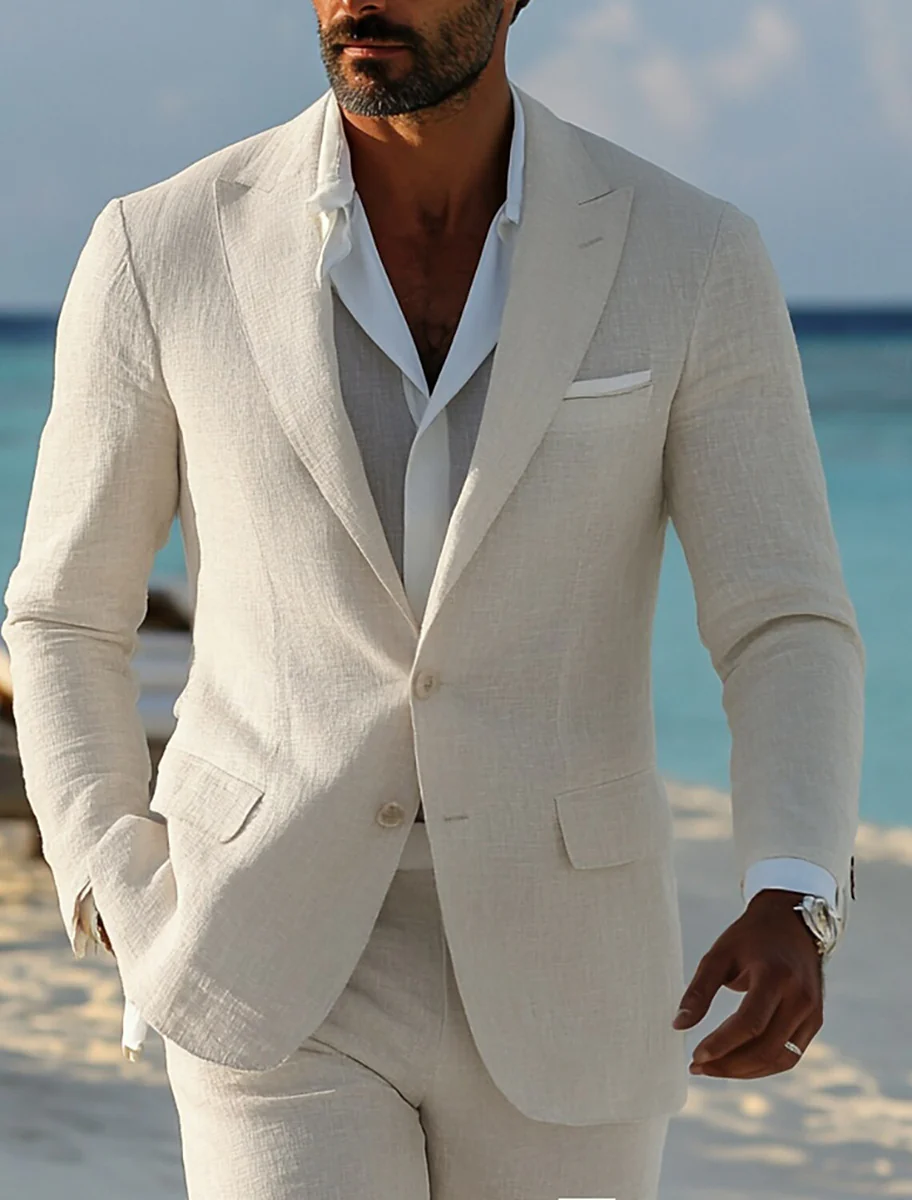 Men's Tailored Fit Single Breasted Two-Buttons 2 Pieces Casual Beach Wedding Suits - Image 2