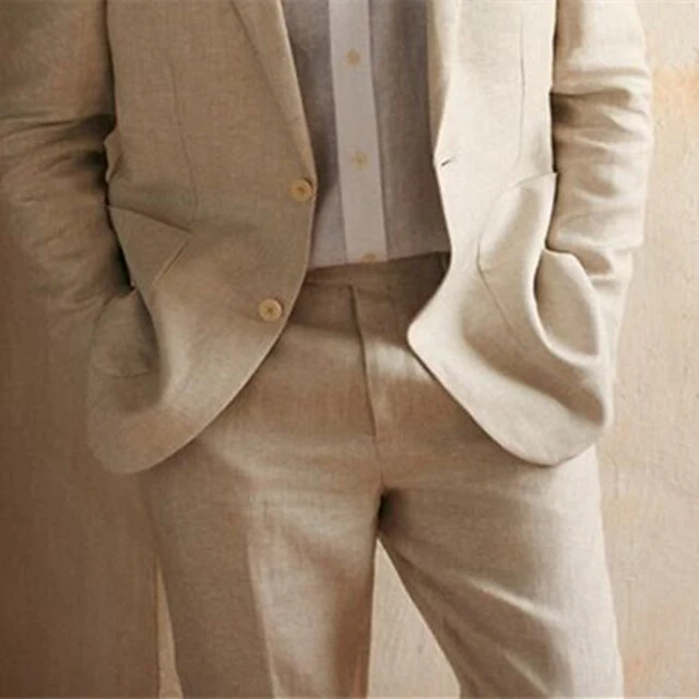 Men's Tailored Fit Single Breasted Two-buttons 2 Pieces Linen Suits - Image 2