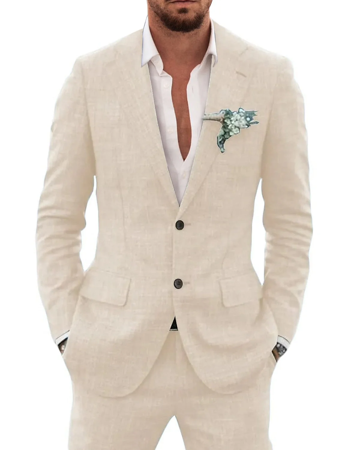 Men's Tailored Fit Single Breasted Two-buttons 2 Pieces Solid Colored Linen Suits - Image 2