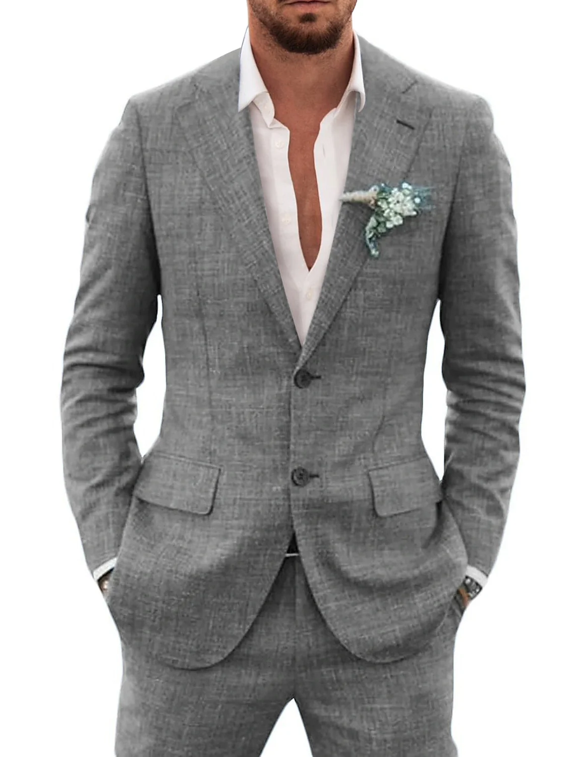 Men's Tailored Fit Single Breasted Two-buttons 2 Pieces Solid Colored Linen Suits - Image 4