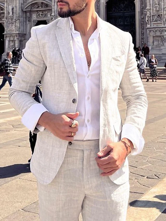 Men's Tailored Fit Single Breasted Two-buttons 2 Pieces Solid Colored Linen Suits - Image 2