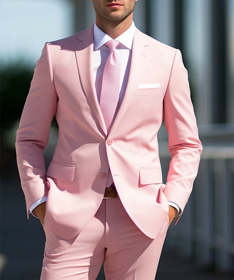 Men's Tailored Fit Single Breasted Two-buttons 2 Pieces White Pink Wedding Suits