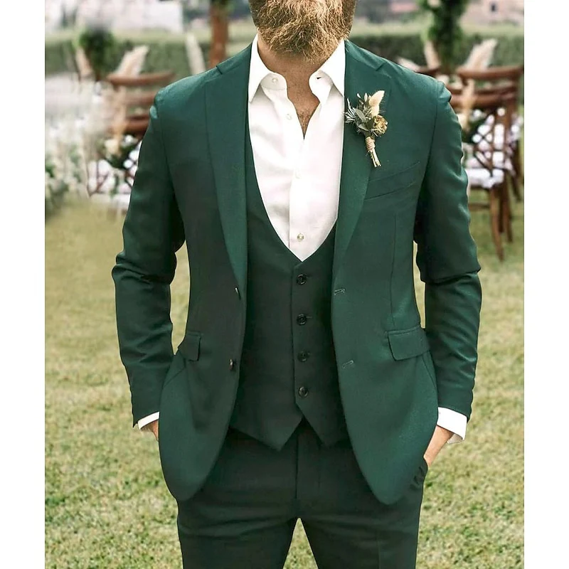 Men's Tailored Fit Single Breasted Two-buttons 3 Pieces Dark Green Wedding Suits - Image 2
