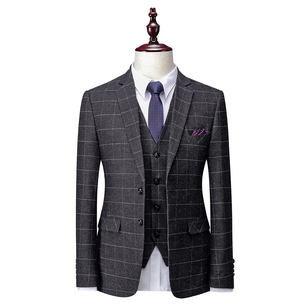 Men's Tailored Fit Single Breasted Two-buttons 3 Pieces Plaid Wedding Suits - Image 2