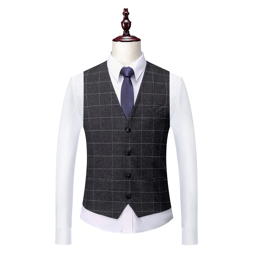 Men's Tailored Fit Single Breasted Two-buttons 3 Pieces Plaid Wedding Suits - Image 5