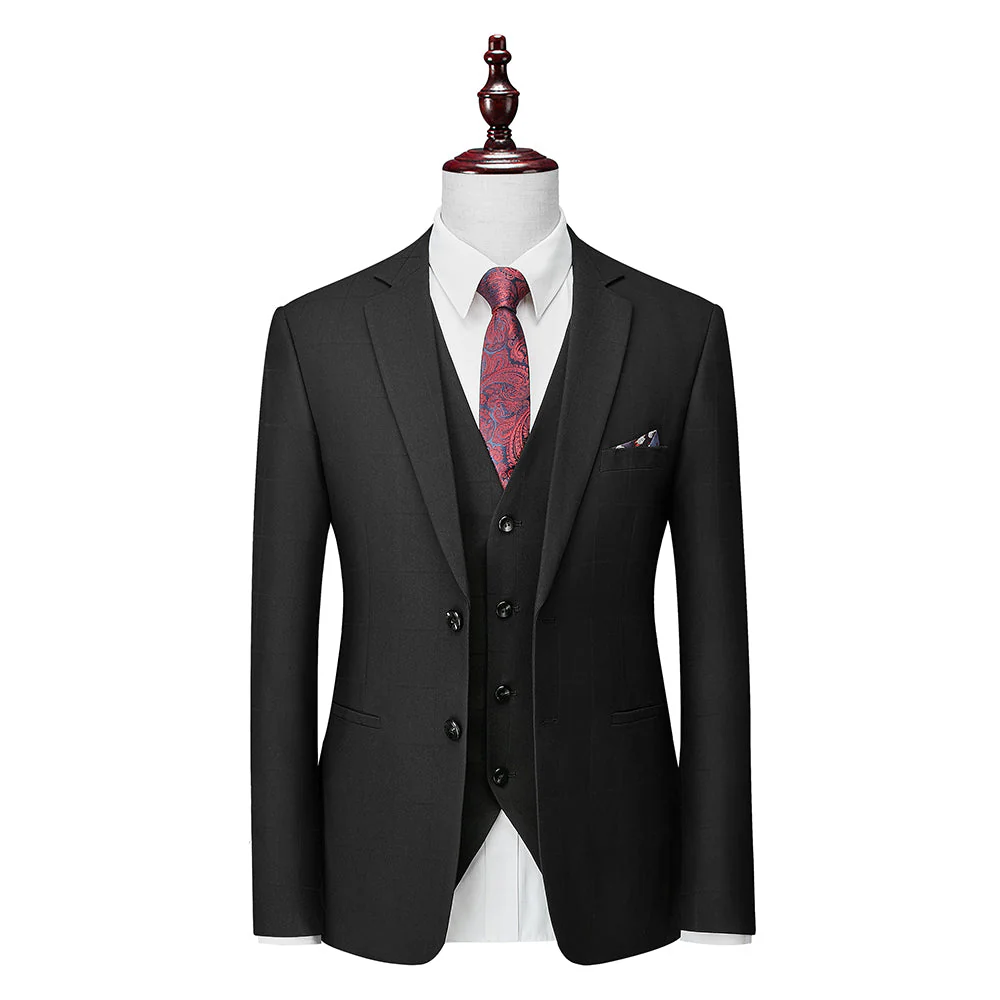 Men's Tailored Fit Single Breasted Two-buttons 3 Pieces Plaid Wedding Suits - Image 2