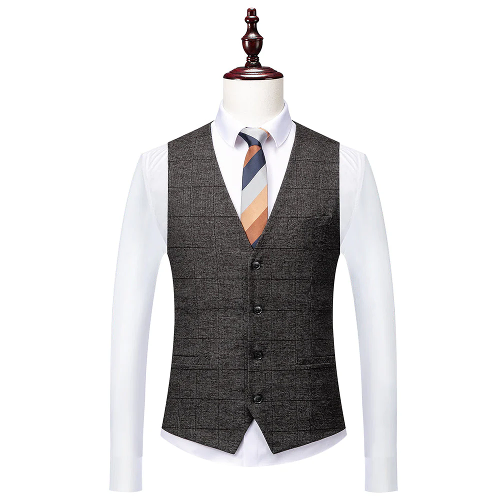 Men's Tailored Fit Single Breasted Two-buttons 3 Pieces Plaid Wedding Suits - Image 4