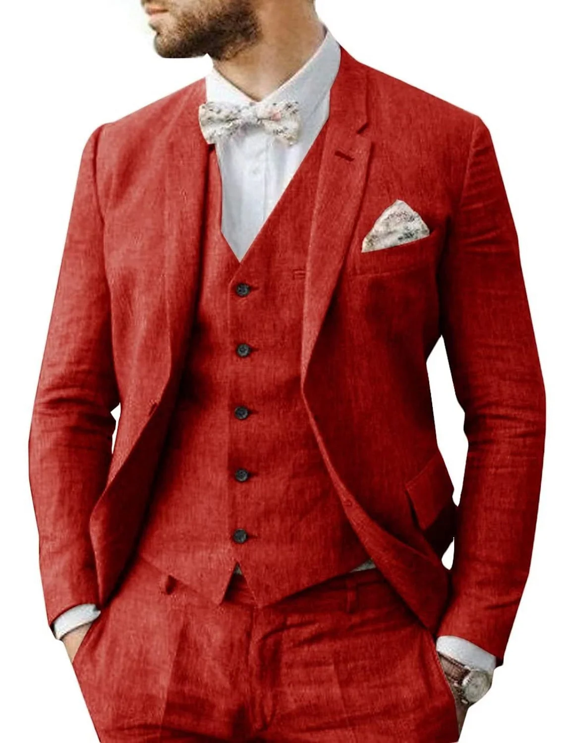 Men's Tailored Fit Single Breasted Two-buttons 3 Pieces Solid Colored Linen Suits - Image 2