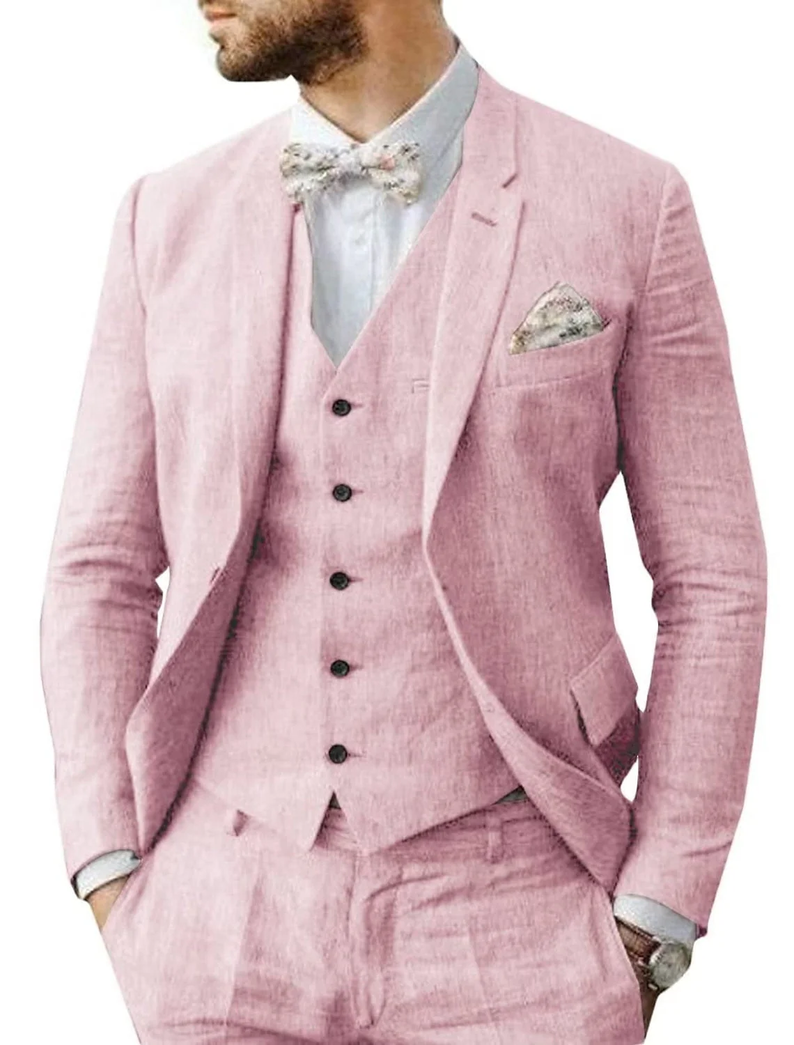 Men's Tailored Fit Single Breasted Two-buttons 3 Pieces Solid Colored Linen Suits - Image 3