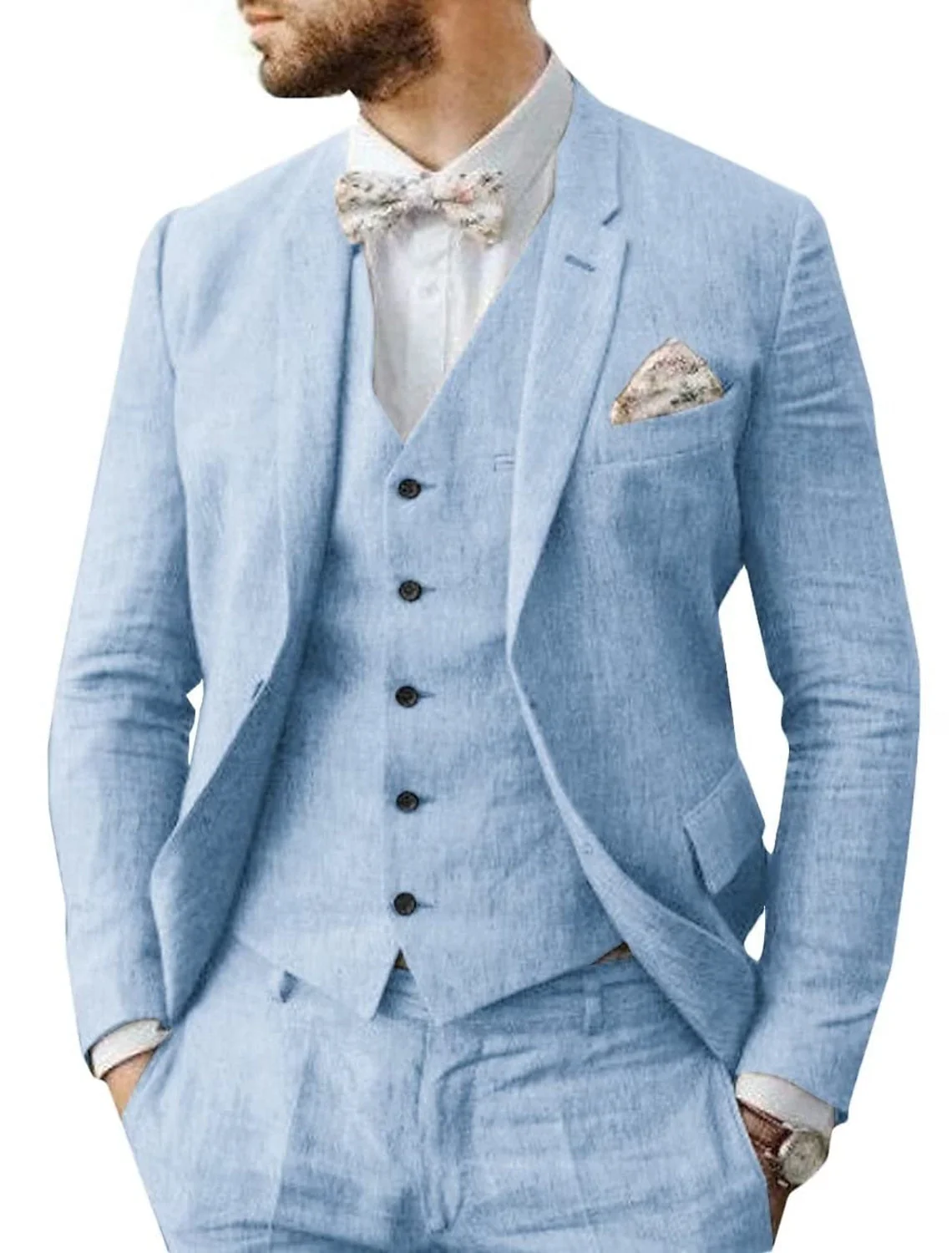 Men's Tailored Fit Single Breasted Two-buttons 3 Pieces Solid Colored Linen Suits - Image 4