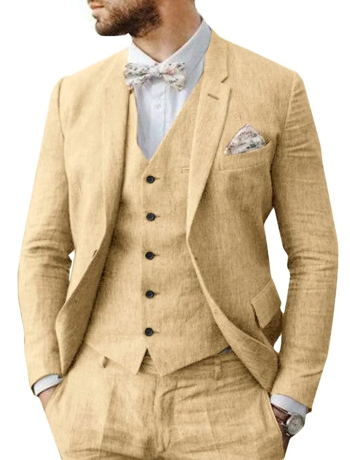 Men's Tailored Fit Single Breasted Two-buttons 3 Pieces Solid Colored Linen Suits - Image 5
