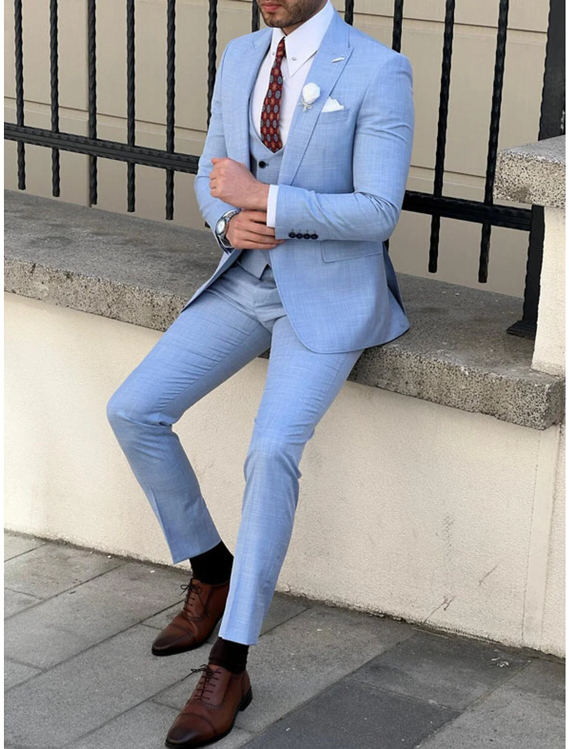 Men's Tailored Fit Single Breasted Two-buttons 3 Pieces Solid Colored Wedding Suits - Image 2