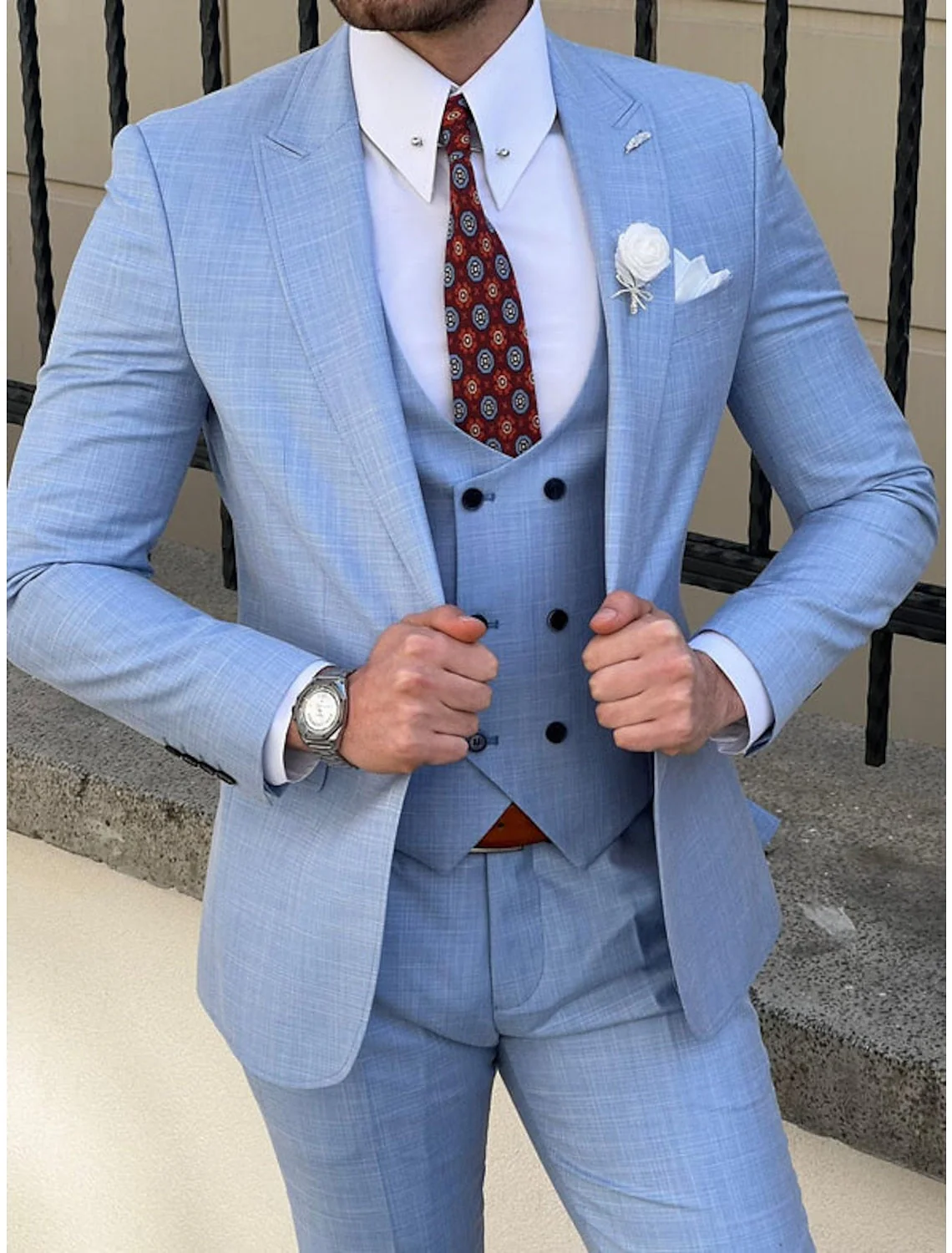 Men's Tailored Fit Single Breasted Two-buttons 3 Pieces Solid Colored Wedding Suits - Image 3
