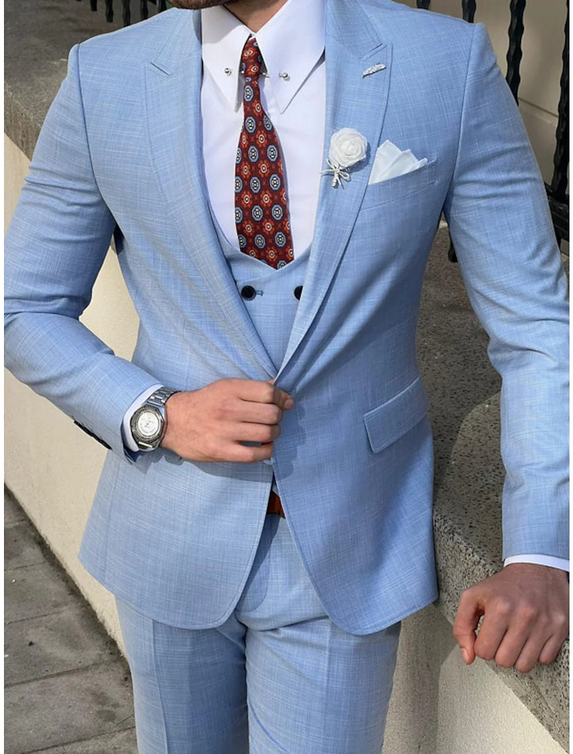 Men's Tailored Fit Single Breasted Two-buttons 3 Pieces Solid Colored Wedding Suits - Image 4