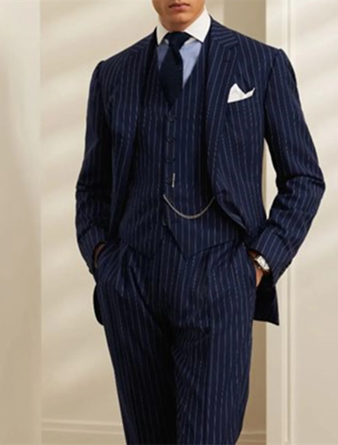 Men's Tailored Fit Single Breasted Two-buttons 2 Pieces Striped Wedding Suits - Image 2