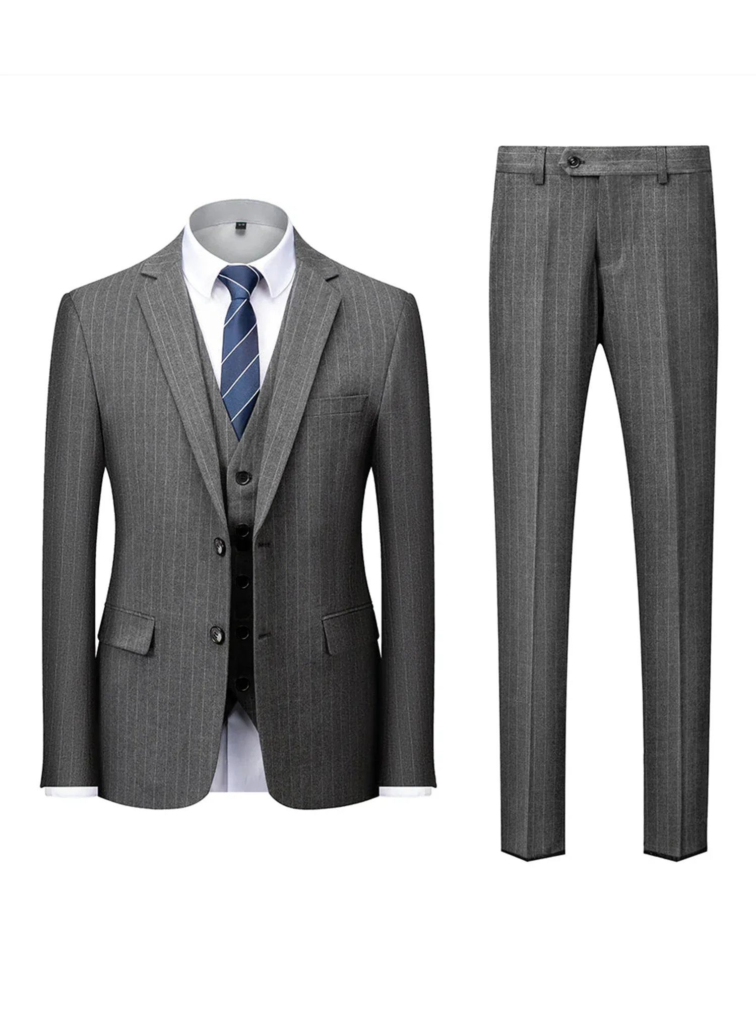 Men's Tailored Fit Single Breasted Two-buttons 3 Pieces Striped Wedding Suits - Image 2
