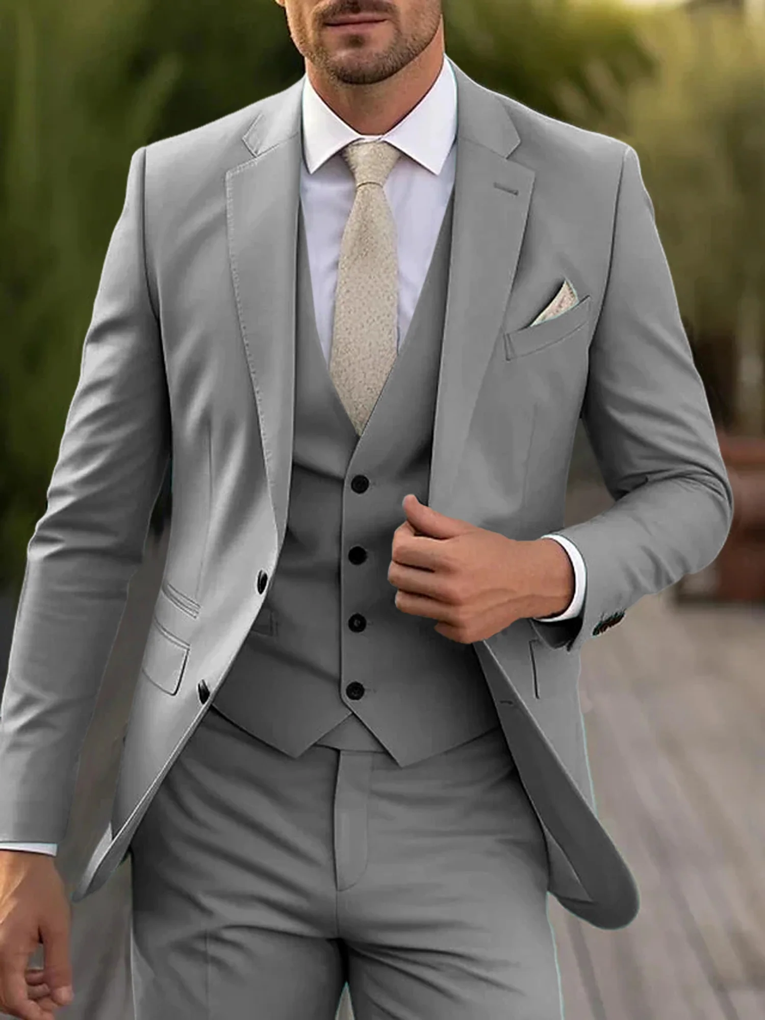 Men's Tailored Fit Single Breasted Two-buttons 3 Pieces Wedding Suits - Image 11