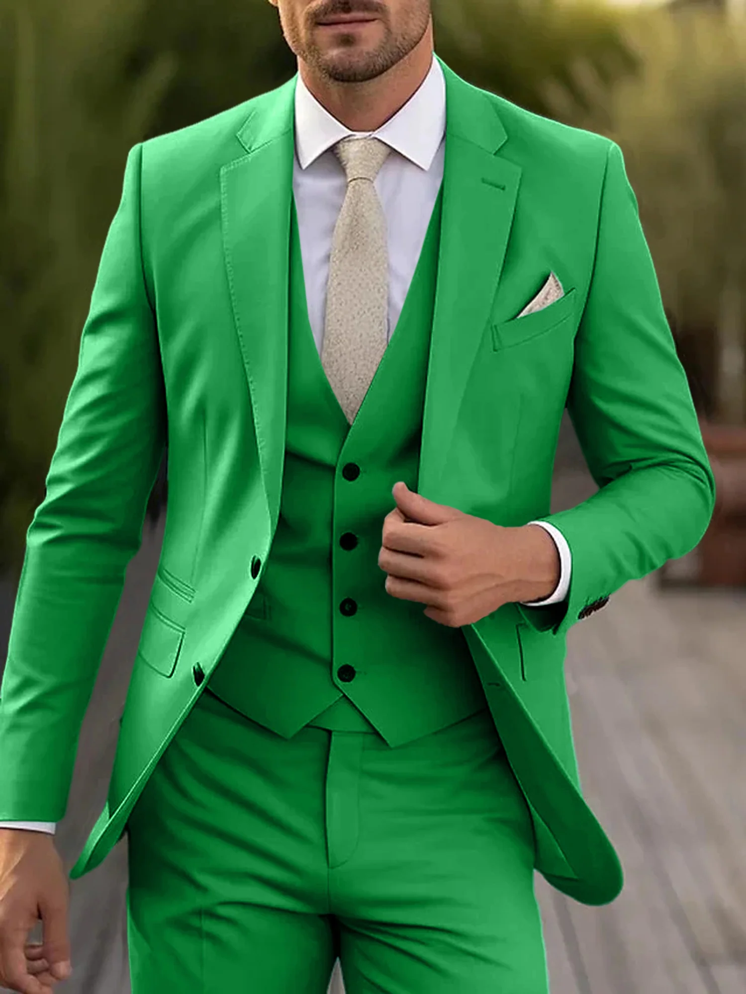 Men's Tailored Fit Single Breasted Two-buttons 3 Pieces Wedding Suits - Image 12