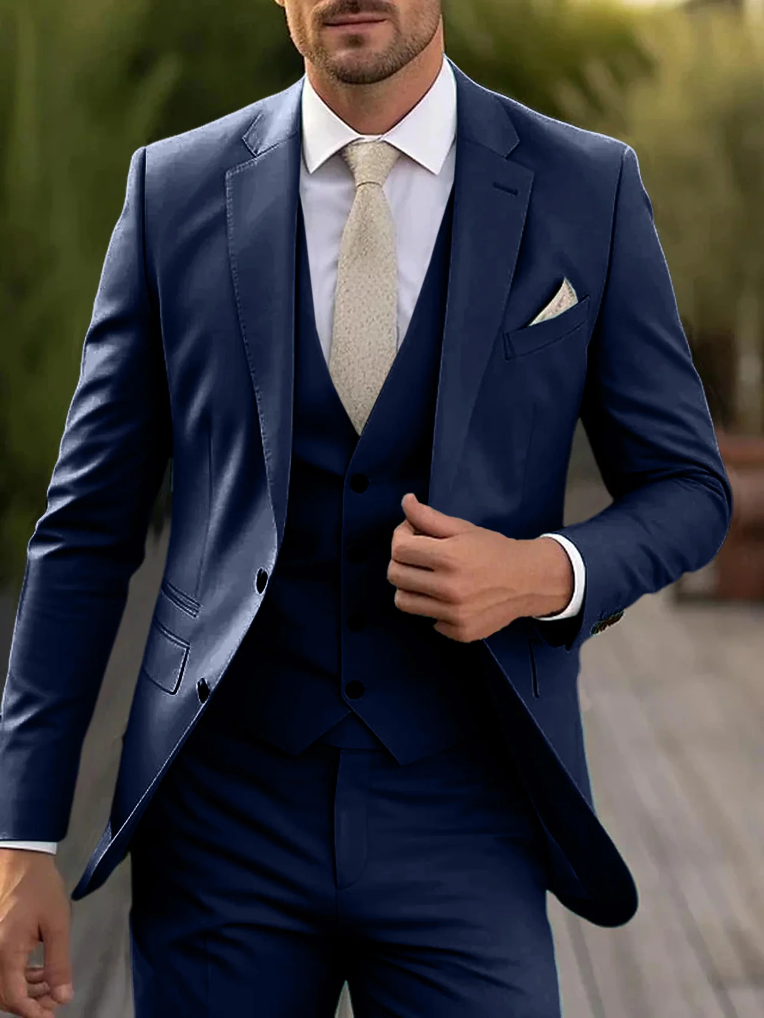 Men's Tailored Fit Single Breasted Two-buttons 3 Pieces Wedding Suits - Image 13