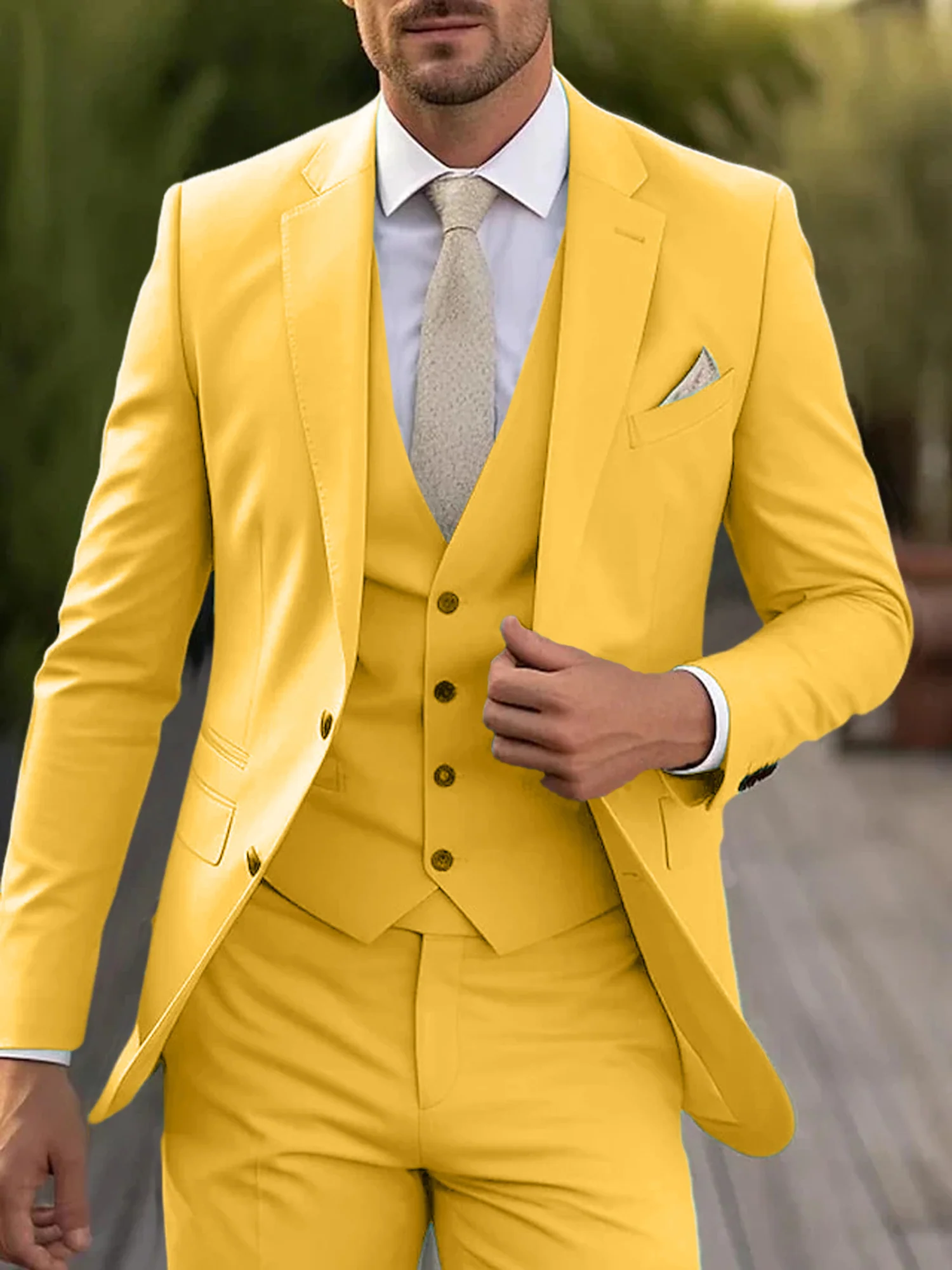 Men's Tailored Fit Single Breasted Two-buttons 3 Pieces Wedding Suits - Image 17