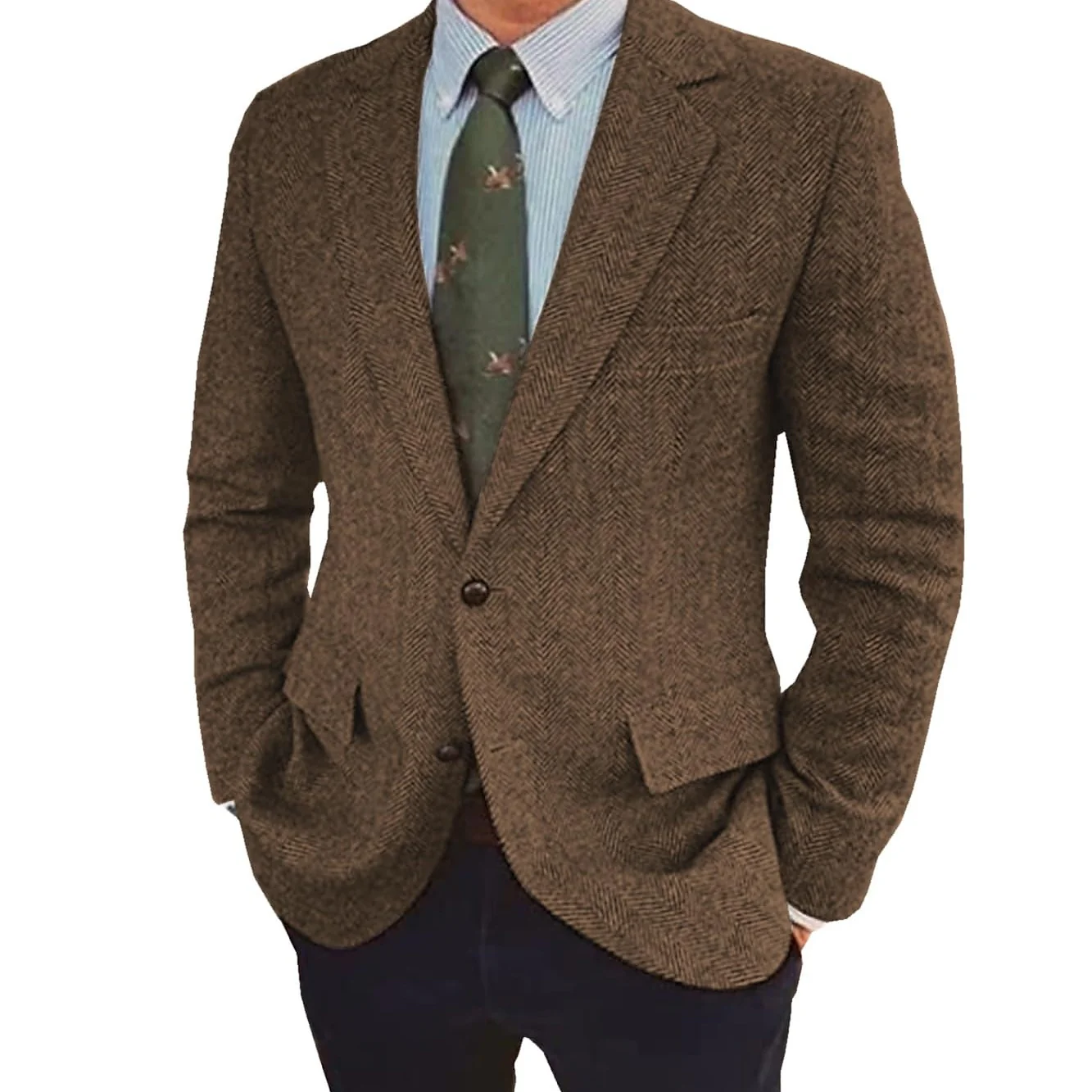 Men's Tweed Herringbone  Retro Vintage  Winter Regular Plus Size Single-Breasted Two-buttons Jacket Blazer - Image 3