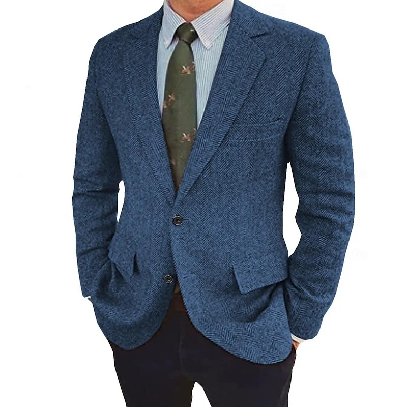Men's Tweed Herringbone  Retro Vintage  Winter Regular Plus Size Single-Breasted Two-buttons Jacket Blazer - Image 5