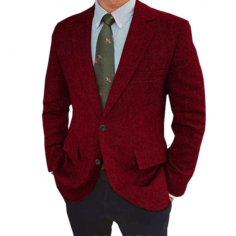 Men's Tweed Herringbone  Retro Vintage  Winter Regular Plus Size Single-Breasted Two-buttons Jacket Blazer - Image 6