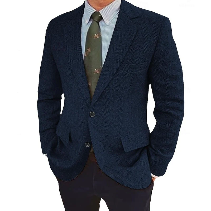 Men's Tweed Herringbone  Retro Vintage  Winter Regular Plus Size Single-Breasted Two-buttons Jacket Blazer - Image 8