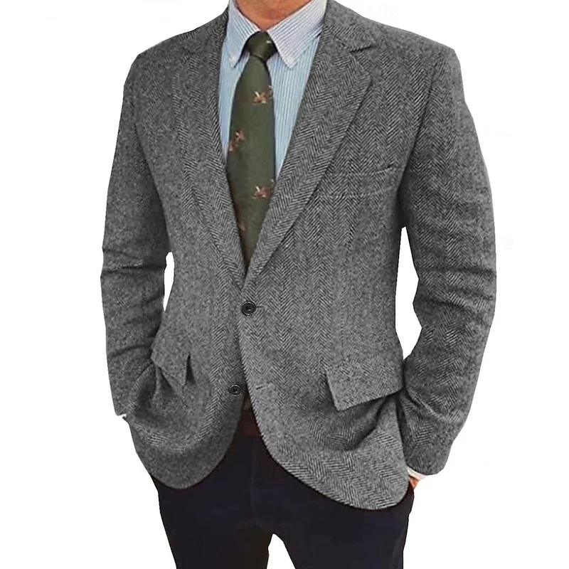 Men's Tweed Herringbone  Retro Vintage  Winter Regular Plus Size Single-Breasted Two-buttons Jacket Blazer - Image 9