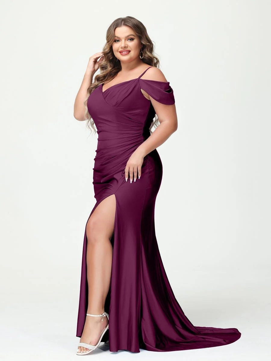Mermaid Spaghetti Straps V-Neck Short Sleeves Plus Size Maxi Dresses with Split Side - Image 33