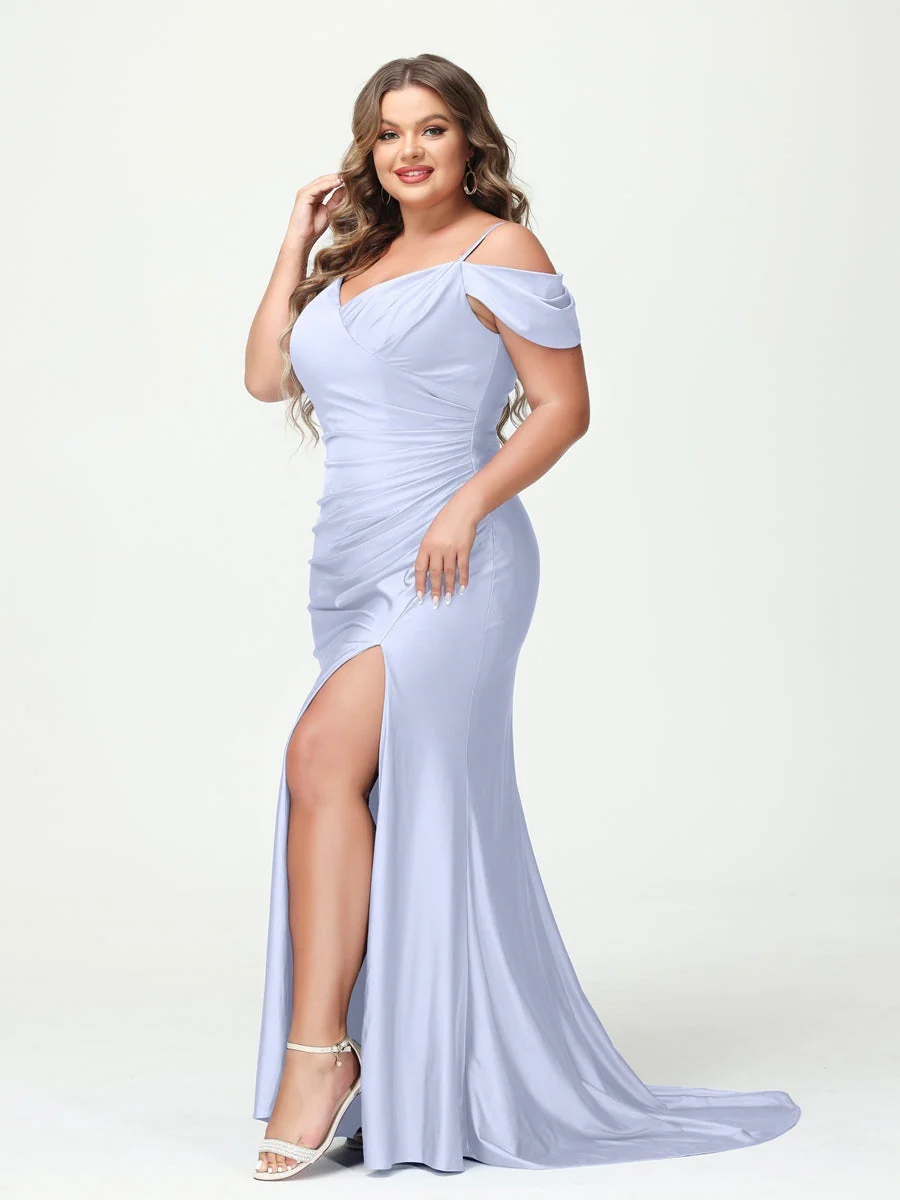 Mermaid Spaghetti Straps V-Neck Short Sleeves Plus Size Maxi Dresses with Split Side - Image 37