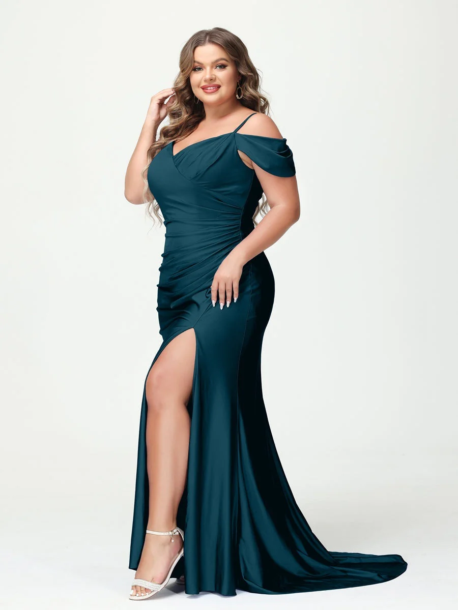 Mermaid Spaghetti Straps V-Neck Short Sleeves Plus Size Maxi Dresses with Split Side - Image 43