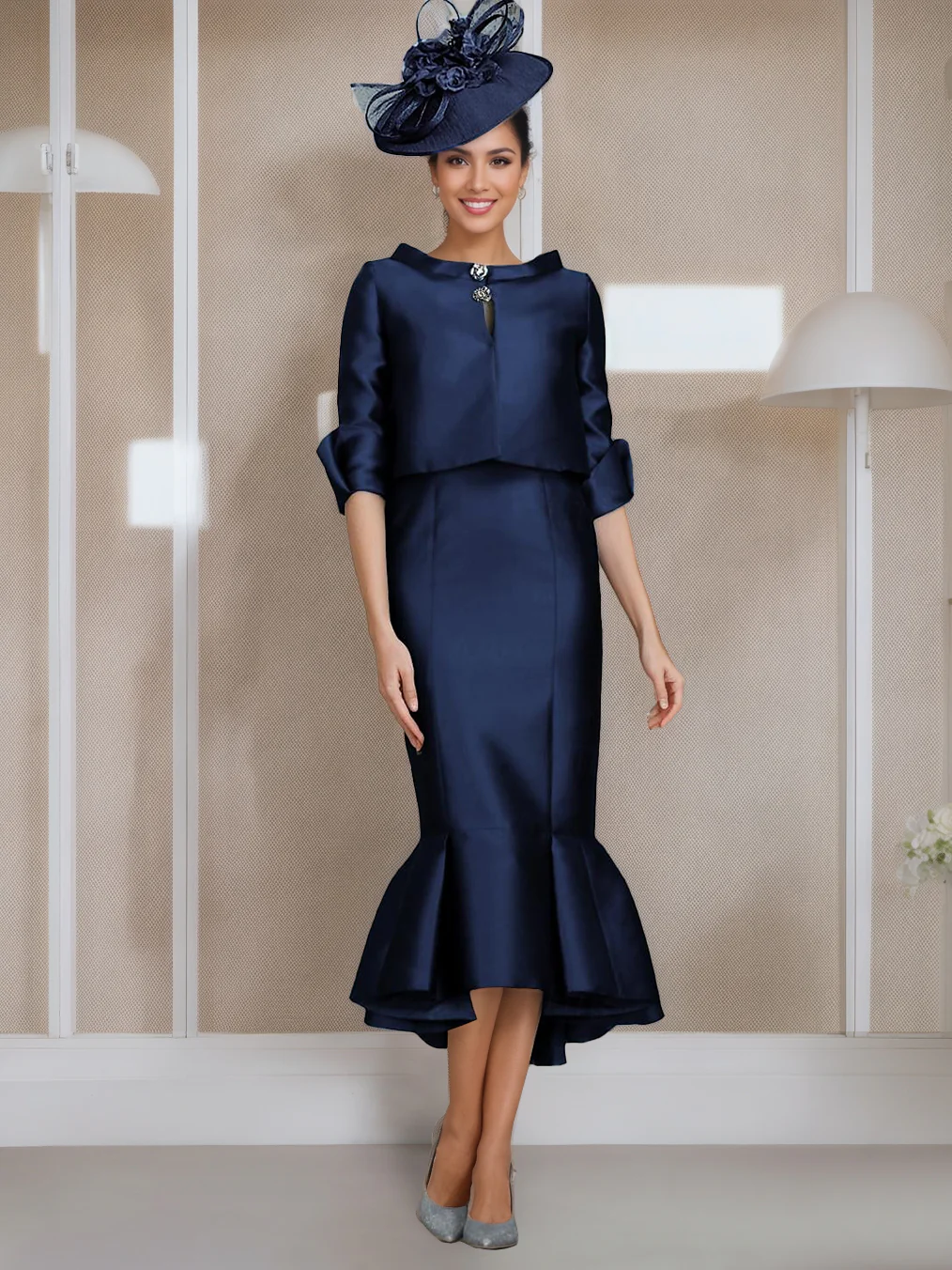 Mermaid/Trumpet Jewel Neck Half Sleeves Tea-Length Mother of the Bride Dresses with Buttons - Image 3
