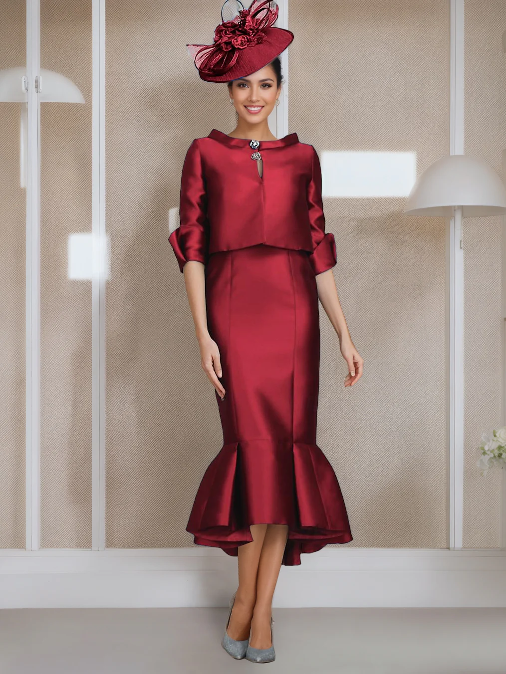 Mermaid/Trumpet Jewel Neck Half Sleeves Tea-Length Mother of the Bride Dresses with Buttons - Image 6