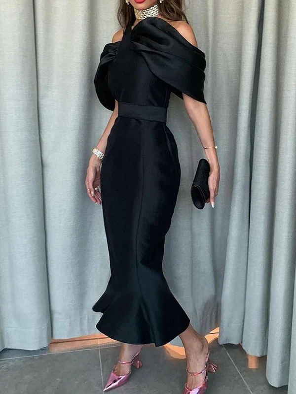 Off-the-Shoulder Formal Cocktail Dresses Mermaid/Trumpet Sleeves Party Dress Satin Ankle-Length With Ruffles
