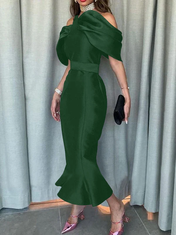 Off-the-Shoulder Formal Cocktail Dresses Mermaid/Trumpet Sleeves Party Dress Satin Ankle-Length With Ruffles - Image 10