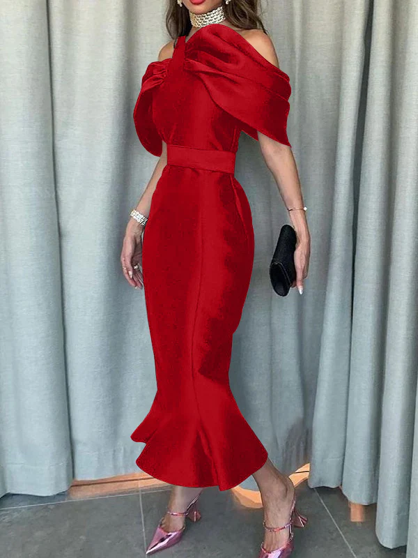 Off-the-Shoulder Formal Cocktail Dresses Mermaid/Trumpet Sleeves Party Dress Satin Ankle-Length With Ruffles - Image 12