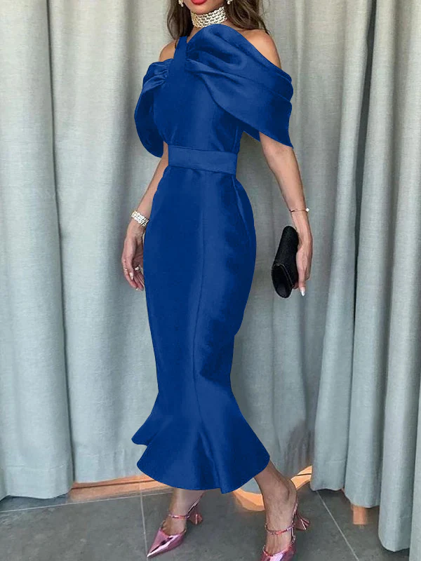 Off-the-Shoulder Formal Cocktail Dresses Mermaid/Trumpet Sleeves Party Dress Satin Ankle-Length With Ruffles - Image 13