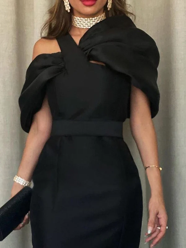 Off-the-Shoulder Formal Cocktail Dresses Mermaid/Trumpet Sleeves Party Dress Satin Ankle-Length With Ruffles - Image 2