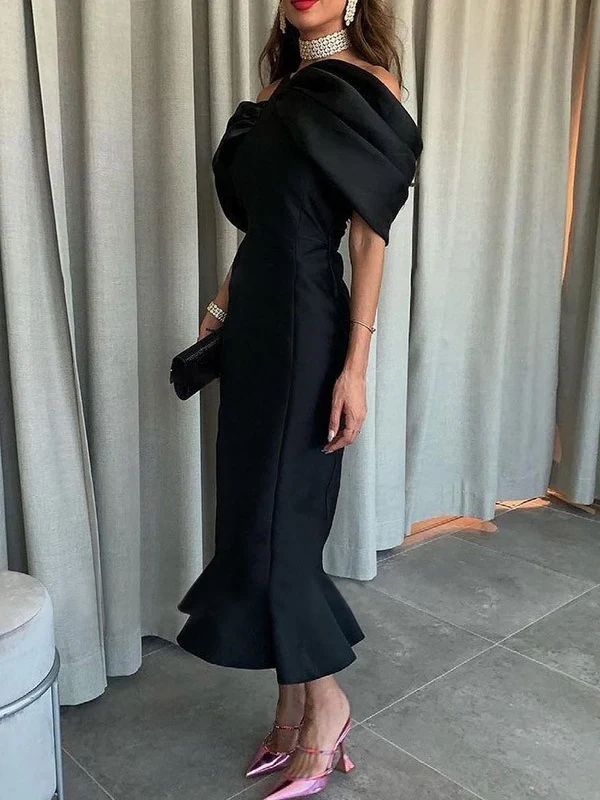 Off-the-Shoulder Formal Cocktail Dresses Mermaid/Trumpet Sleeves Party Dress Satin Ankle-Length With Ruffles - Image 4