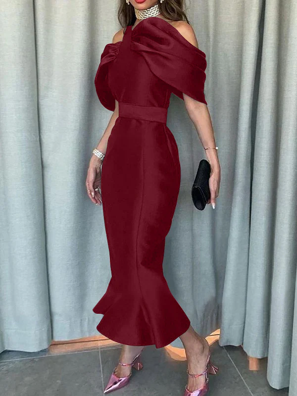 Off-the-Shoulder Formal Cocktail Dresses Mermaid/Trumpet Sleeves Party Dress Satin Ankle-Length With Ruffles - Image 5