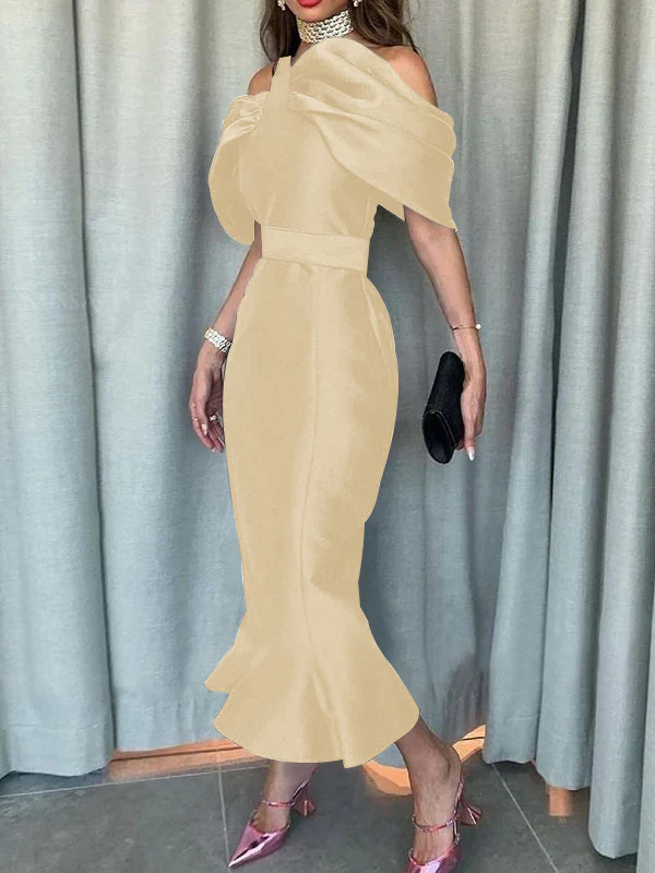 Off-the-Shoulder Formal Cocktail Dresses Mermaid/Trumpet Sleeves Party Dress Satin Ankle-Length With Ruffles - Image 6