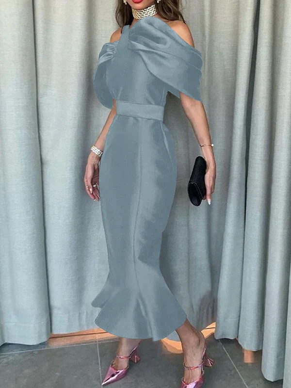 Off-the-Shoulder Formal Cocktail Dresses Mermaid/Trumpet Sleeves Party Dress Satin Ankle-Length With Ruffles - Image 7