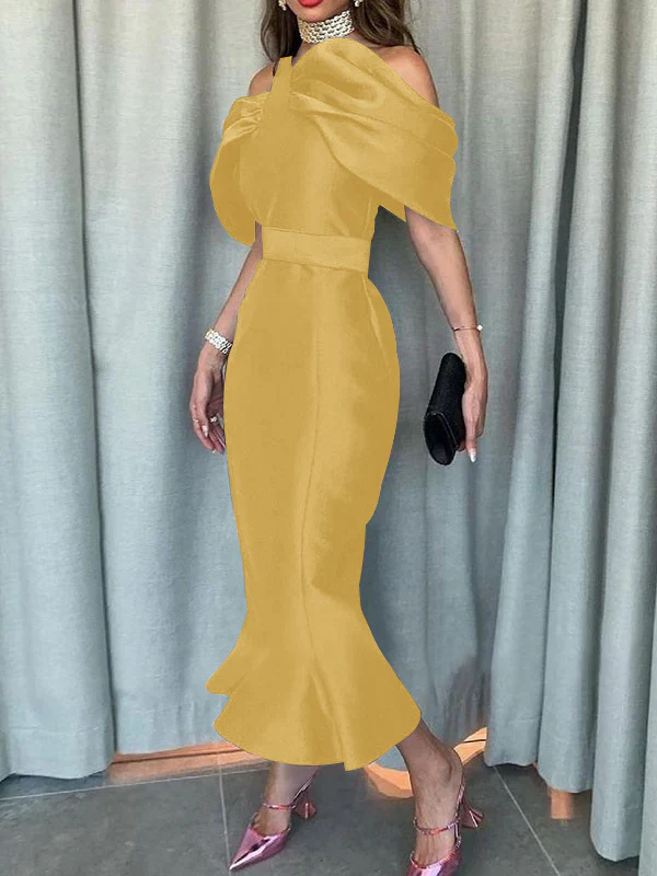 Off-the-Shoulder Formal Cocktail Dresses Mermaid/Trumpet Sleeves Party Dress Satin Ankle-Length With Ruffles - Image 8